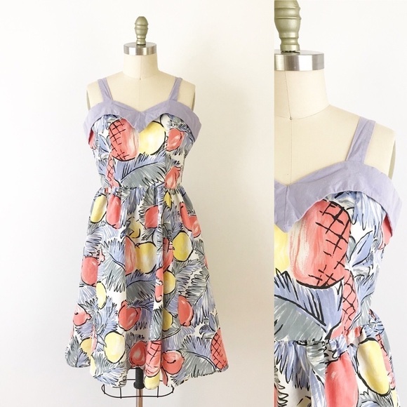 Vintage Dresses & Skirts - Vintage Fruit Print Dress Summer Pineapple Purple